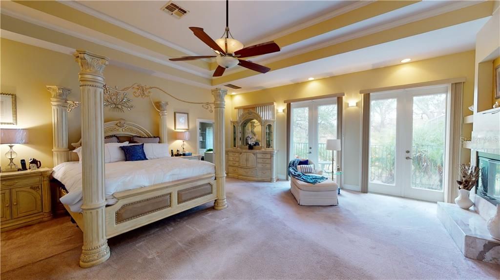 Main space of the master suite - not one but 3 sets of french doors to a private rear patio space.  Features beautiful built-ins that frame fireplace #2 and double tray ceilings.