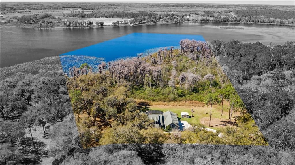 Approximate property lines and aerial view of house and lake