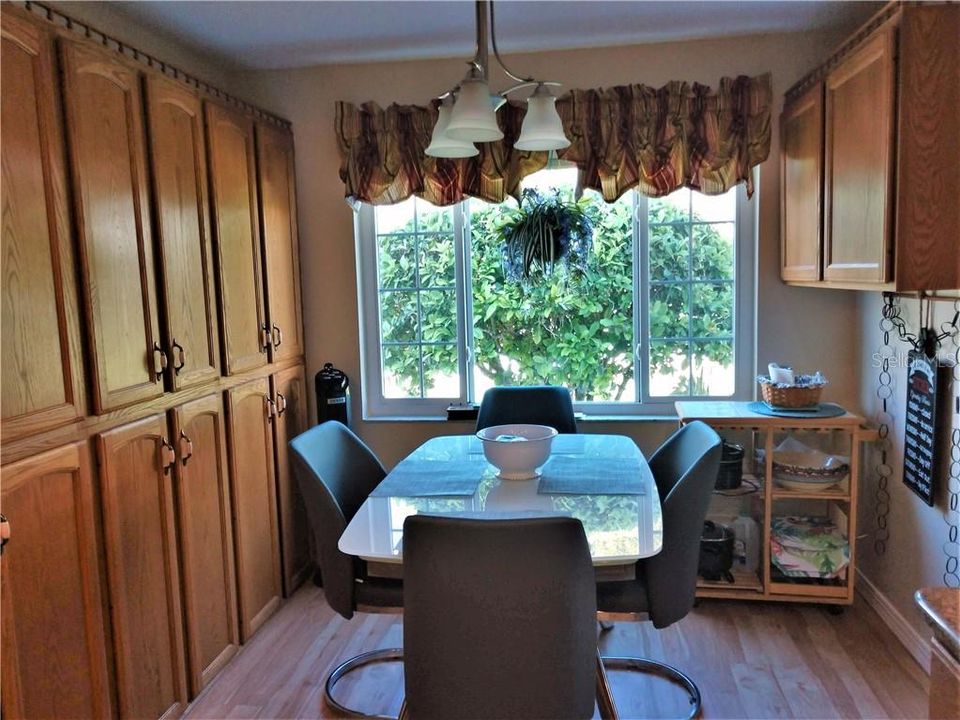 Eat in dining area offers 3 of the 4 pantries. Peaceful view of back/side yard to enjoy while dining.