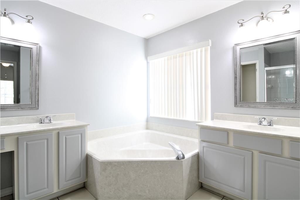 Master bathroom with separate vanities and huge bathtub