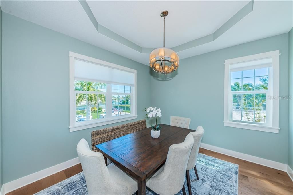 Spacious dining area with tray ceiling detail.
