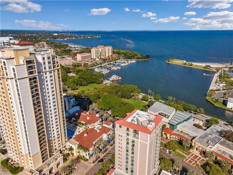 Drone views of Parkshore Plaza Condo building to the East, you enjoy these views daily in your new large home!