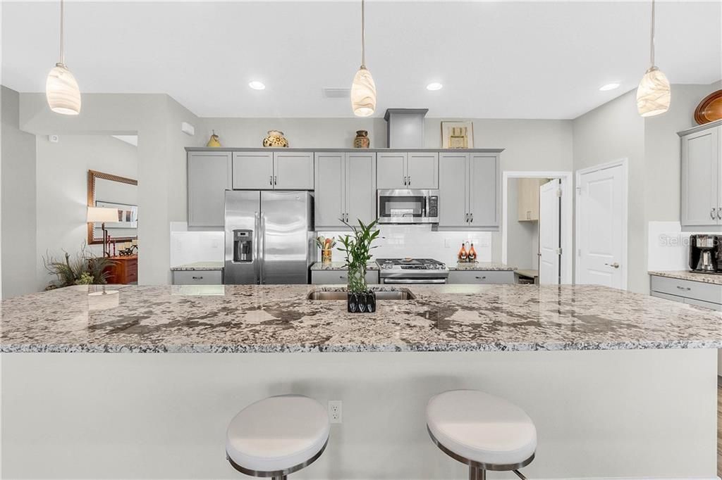 Oversized island, decorator backsplash, pots and pans drawers, extended cabinetry with under cabinet lighting, trash pull outs and pendant lighting grace your one-of-a-kind kitchen