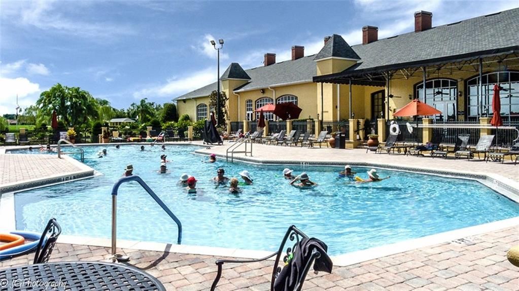 The heated outdoor pool is behind the main clubhouse.