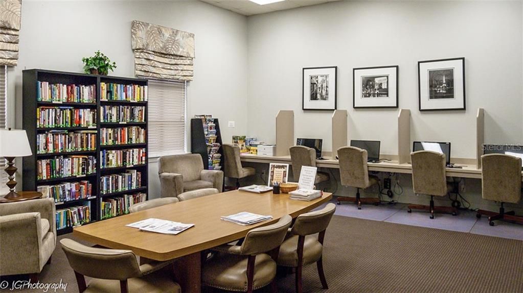 The main clubhouse media room has a large honor system lending library and computers for a resident use.