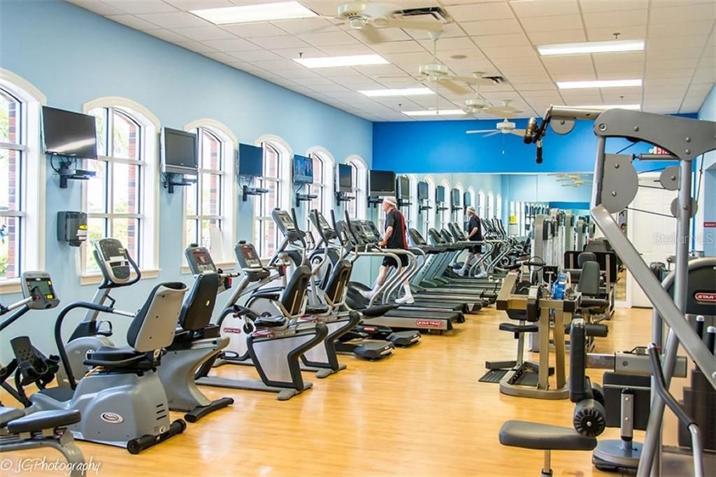 The fitness room has state-of-the-art equipment. A physical rehabilitation service uses this facility for Lake Ashton residents.
