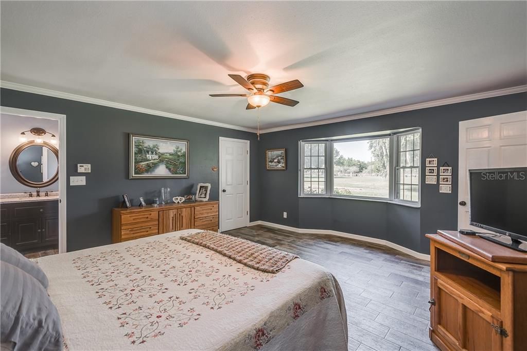 Master Bedroom with large walk in closet. New ceiling fans and New Wood Plank Ceramic Tile throughout. Double Pane Windows. Completely remodeled master bathroom.
