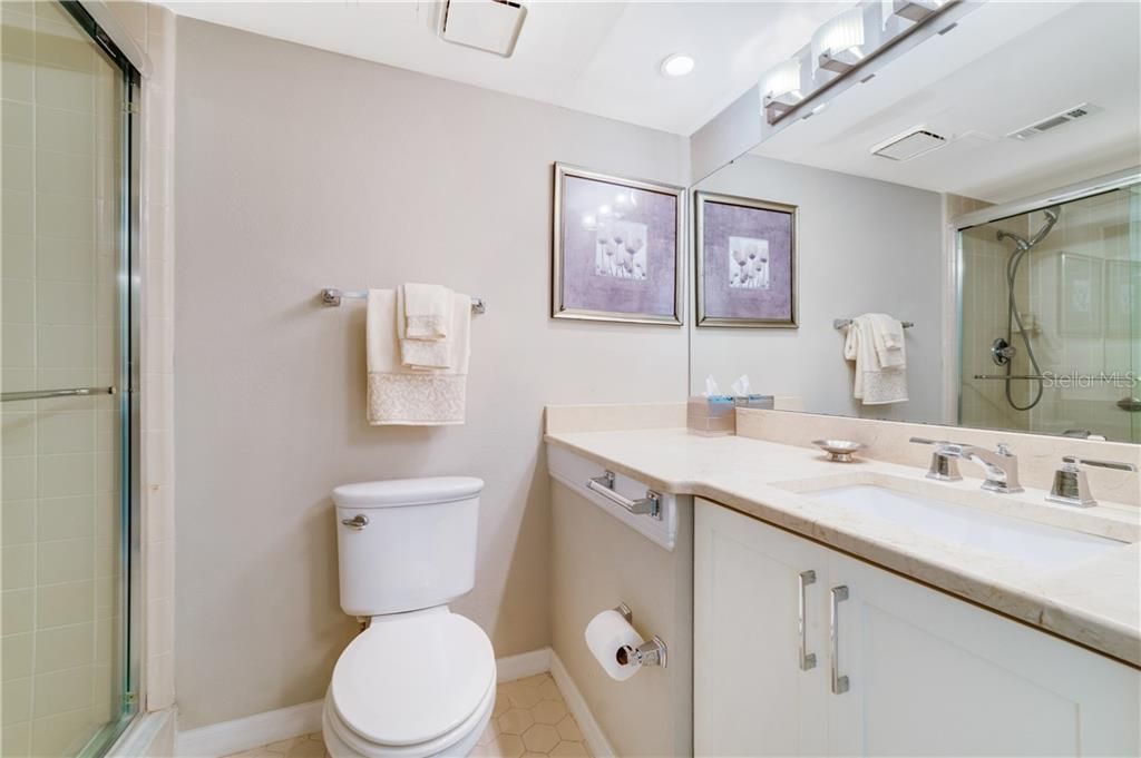 Handicap Walk-In Shower and Bathroom with Marble Vanity Countertop