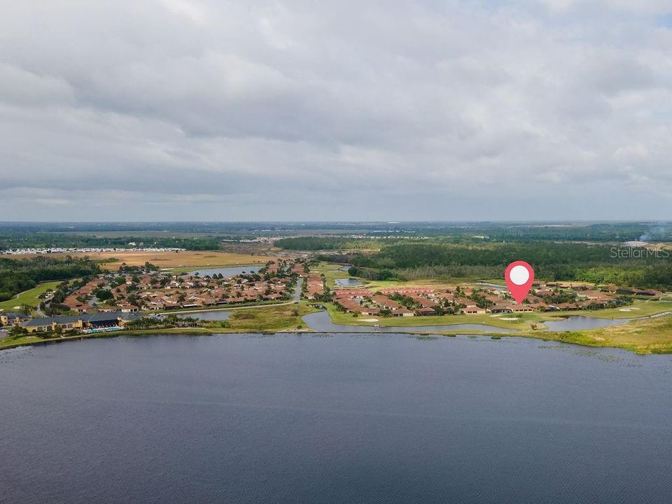 Overhead view of Lake Ashton and orientation of the house is denoted by the red balloon.