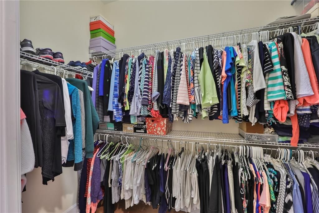 Walk-in closet with lots of shelving and space.