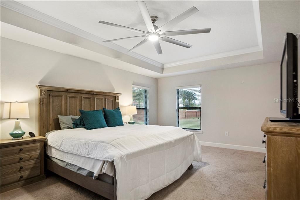 Master bedroom with step ceiling and crown molding.