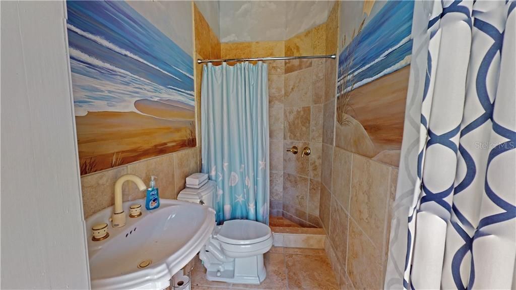 Pool bath has direct access to the lanai and the custom painted mural gives a fun feel.