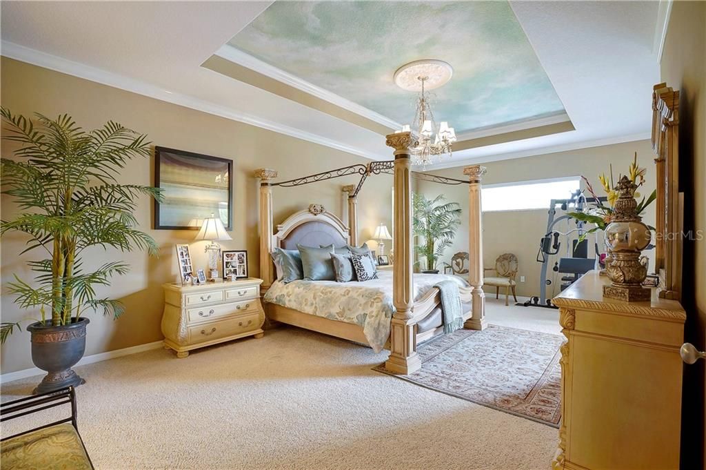 Huge master bedroom with tray ceiling and gorgeous chandelier.  Professionally painted ceiling makes for a tranquil sleep.
