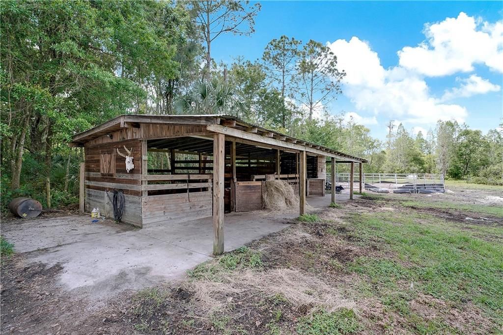 2 stall barn with concrete walkway and washing rack.  Metal roof.  Hay and feed storage.