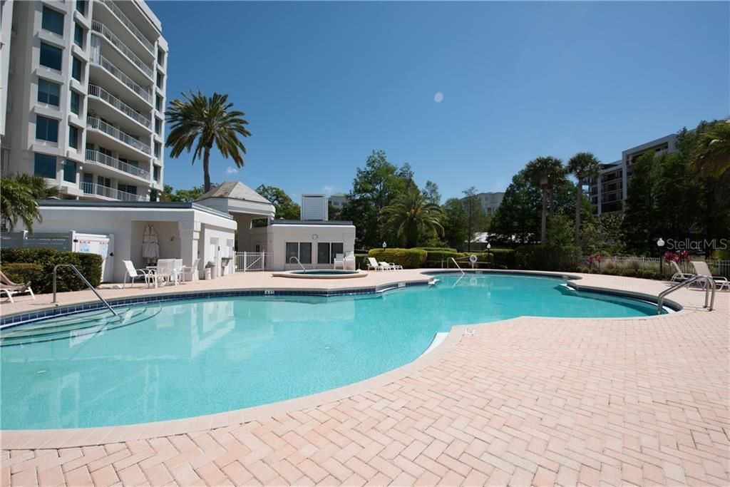 Large Pool  & spa area with community room and bathroom area.