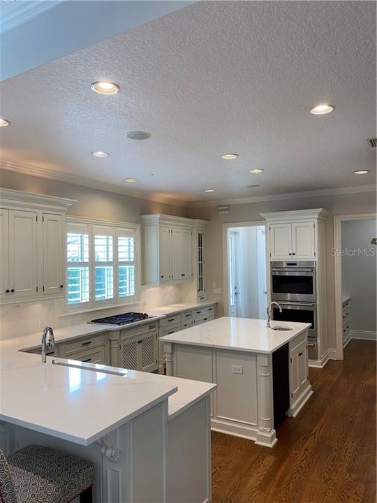 Gourmet Kitchen with Quartz Countertops, Wolf Double Ovens, Gas Cooktop, SubZero Refrigerator, Warming Drawer & Two Drawer Refrigerators