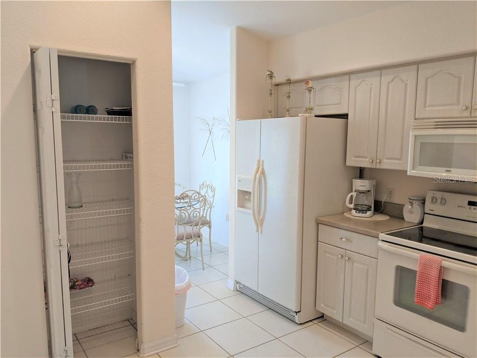 the kitchen is spacious with five shelving pantry
