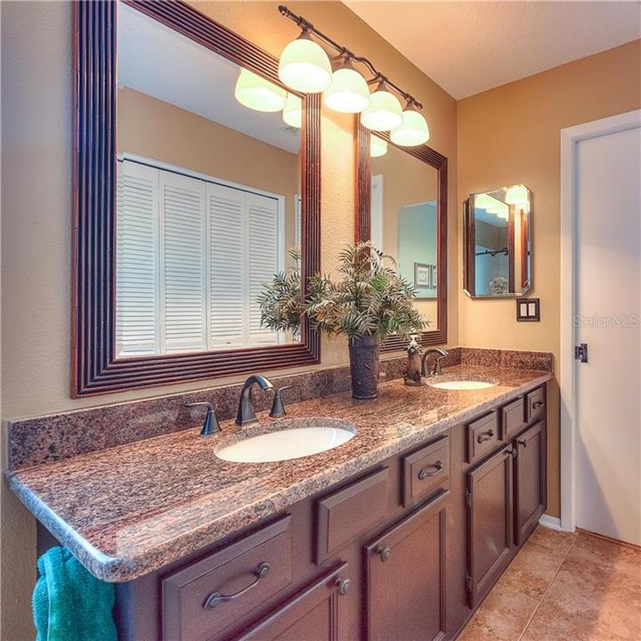 Update Ensuite features GRANITE, new dual sinks & faucets, upgraded lighting, walk-in closet, framed mirrors & a pocket door!