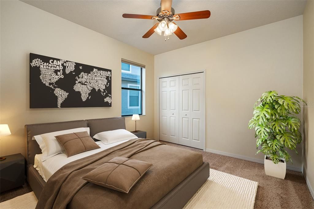 Virtually staged:  This downstairs bedroom near the pool bath is perfect for guests!