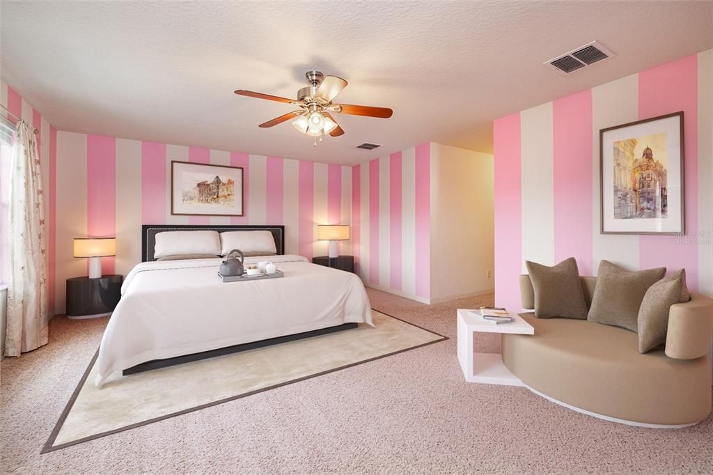 Virtually staged: Large bedroom with Jack and Jill bathroom access.