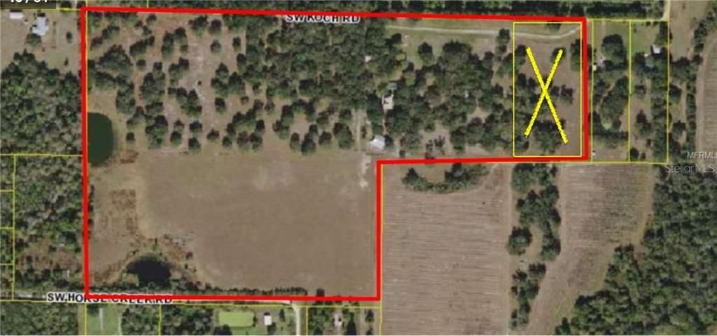 The yellow X shows the 5 acre parcel for sale. This is part of a larger parcel that has been divided.