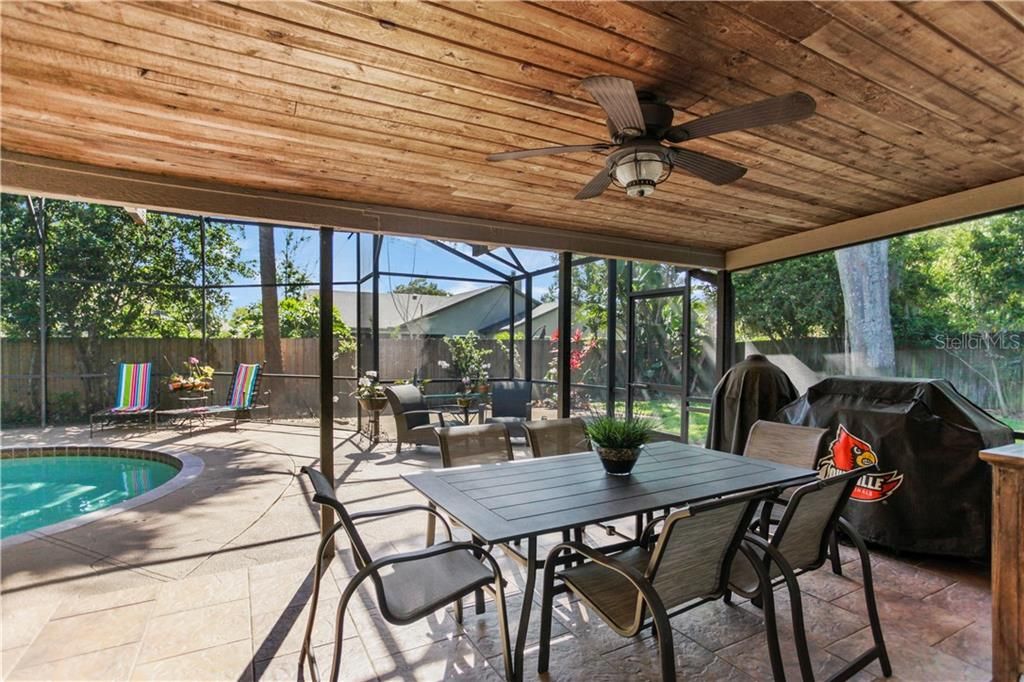 19' by 11' covered patio overlooks the screened pool.
