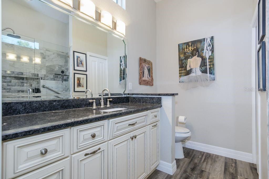 The master bathroom has solid wood cabinets, granite counter topps and custom light fixtures.