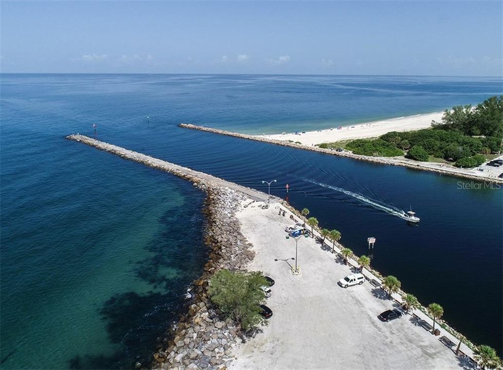 For those of you wondering why we haven't shown the Jetties, HERE THEY ARE!!!  Enables boats to get out to sea without the dangers of heavy breakers!  Venice on left and Nokomis on right!  Notice that the erosion of beach from storms has carved away heavily on Venice side and barely on Nokomis side!  Yes, Sunsets are seemingly Best on the Jetties!!!  Get there early!!!