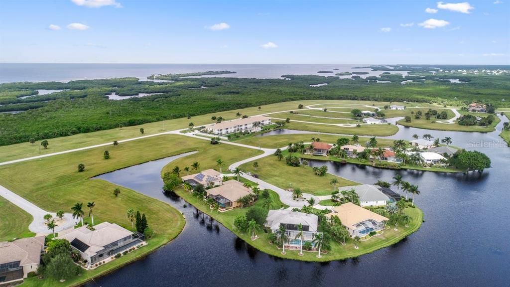 This aerial showcases how Charlotte Harbor abuts the western edge of the Burnt Store Lakes community