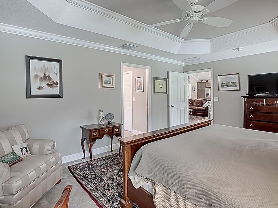 SPACIOUS MASTER WITH TRAY CEILING AND CROWN MOLDING.