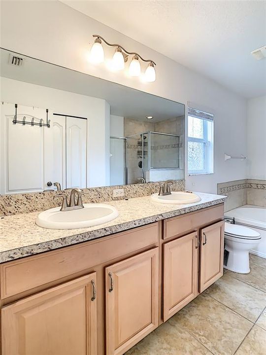 Owners bath with double sinks, garden tub and walk-in shower