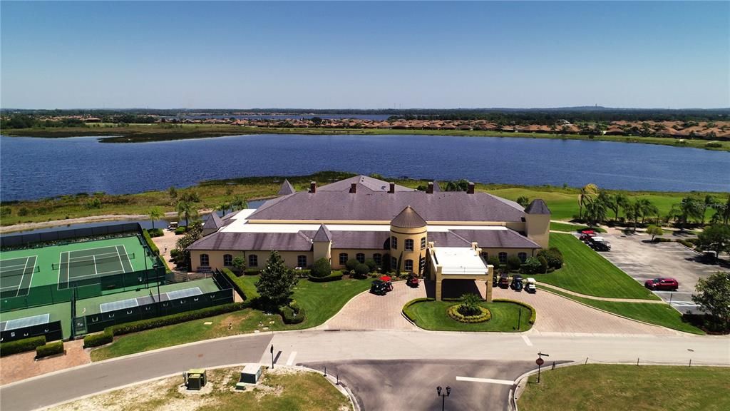 Overhead view of main clubhouse and tennis courts
