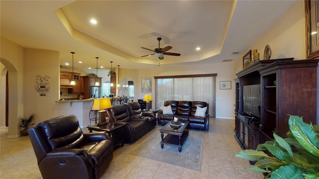 Large living room with tray ceiling