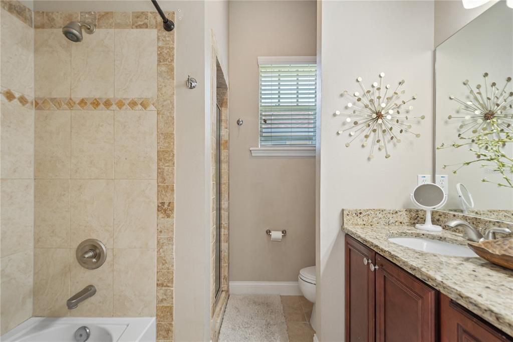 Master bath with tub, walk in shower and double sink vanity
