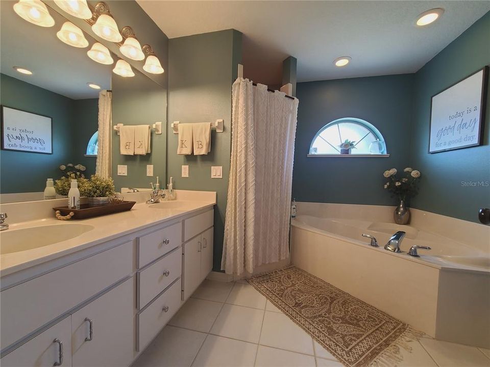 Master bath with dual sinks, soaking tub and shower