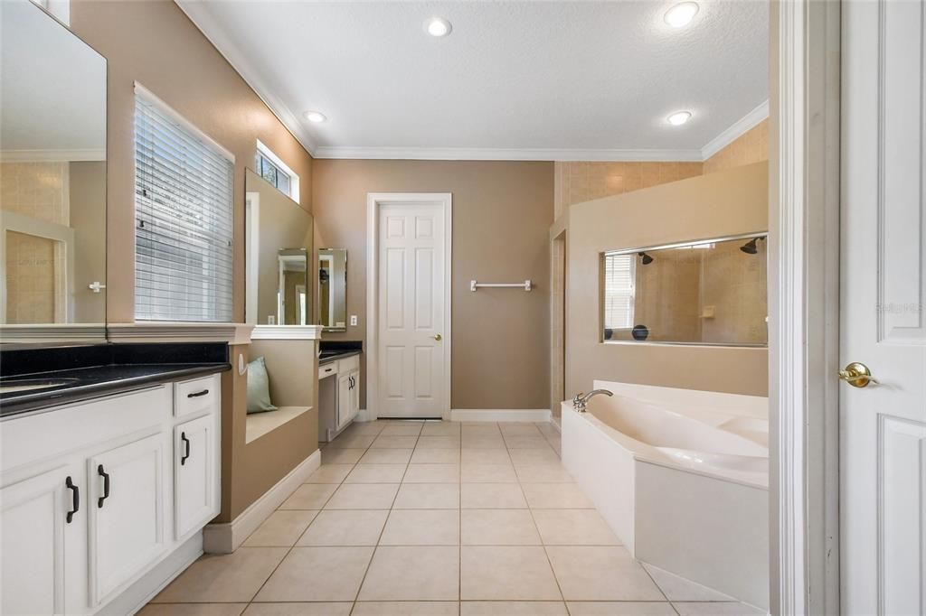 Classic white master bathroom with granite countertops. Huge walk in shower AND tub. Even a cute little niche where you can sit down and put your shoes on. Enjoy the crown molding, etc