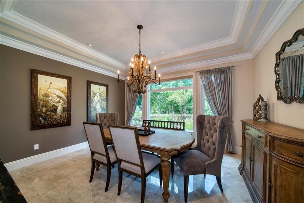 DINING ROOM WITH OVERSIZED WINDOW & COFFERED TRAY CEILINGS
