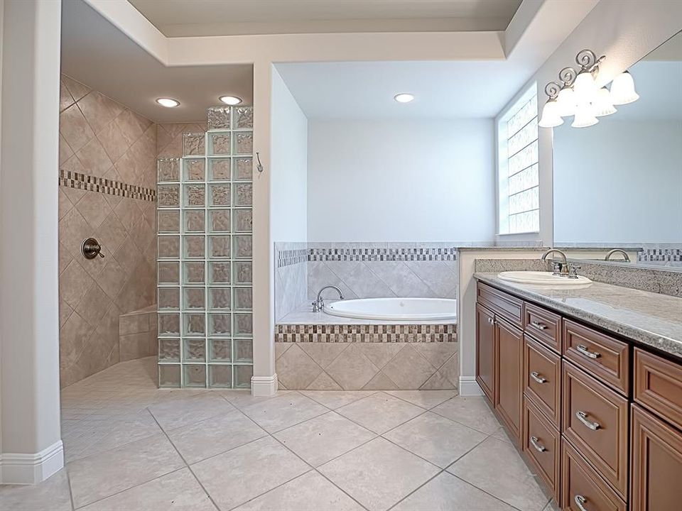 ROMAN SHOWER WITH GLASS BLOCK WALL AND TONS OF CABINET SPACE!