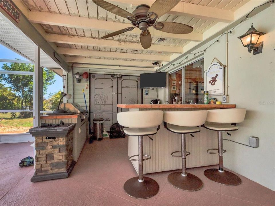 Outdoor kitchen with 220 Electric Grill, sink, mini-fridge and TV!