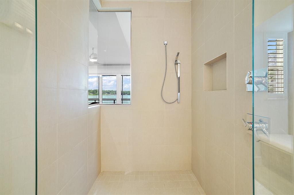 Master Bath Shower with a View of Lake Gertrude