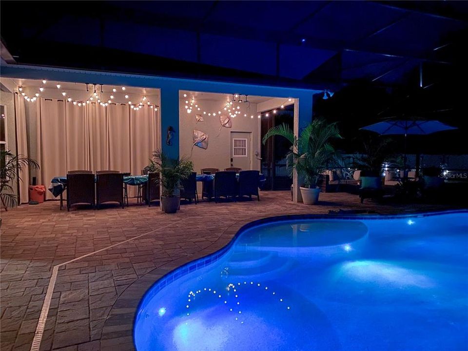 The pool features LED lights with 10 different color options or schedules.
