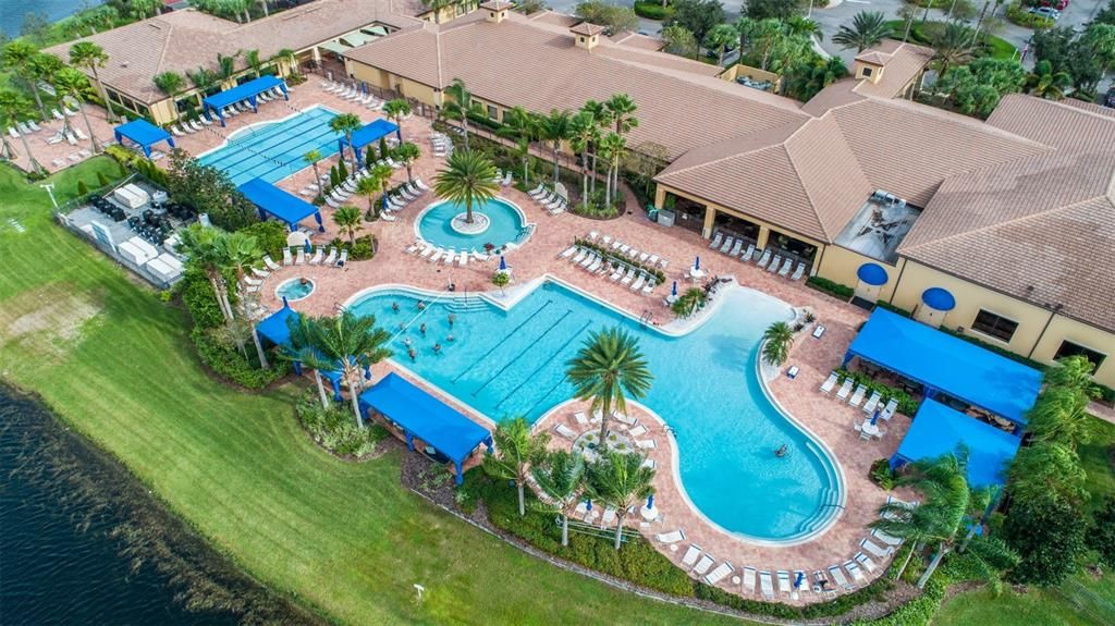 AERIAL VIEW OF 3 POOLS, SPA & CLUBHOUSE