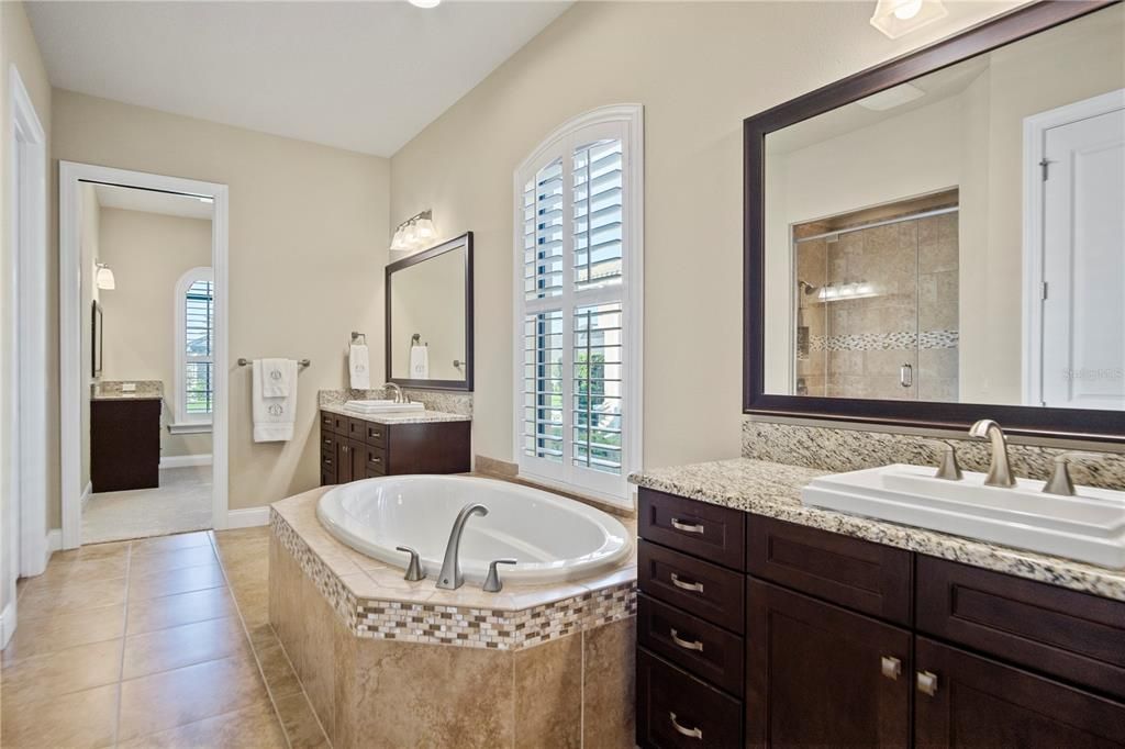 Master bathroom has defused natural light, elegant soaker tub and separate sinks.