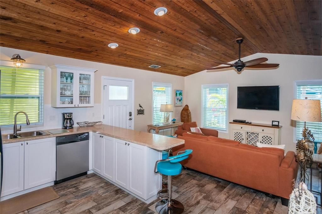 Seadog Cottage has wood ceiling throughout!