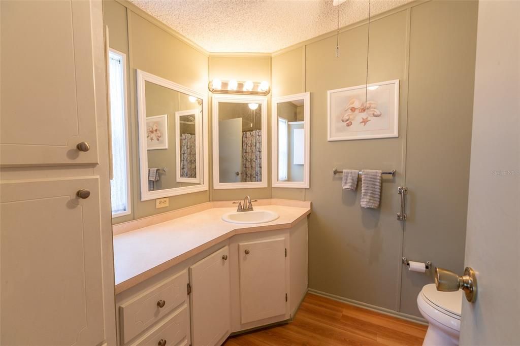 Master bath with linen cabinet and good counter space.