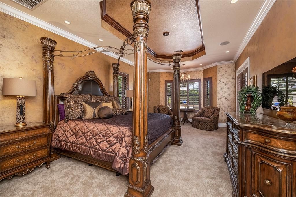 This 14' x 24' master bedroom accommodates grand furnishings. The Mohawk Smart Strand carpet is water and pet resistant. Tray ceiling and crown molding. The elegant gold patina of the painted walls must be seen in person.