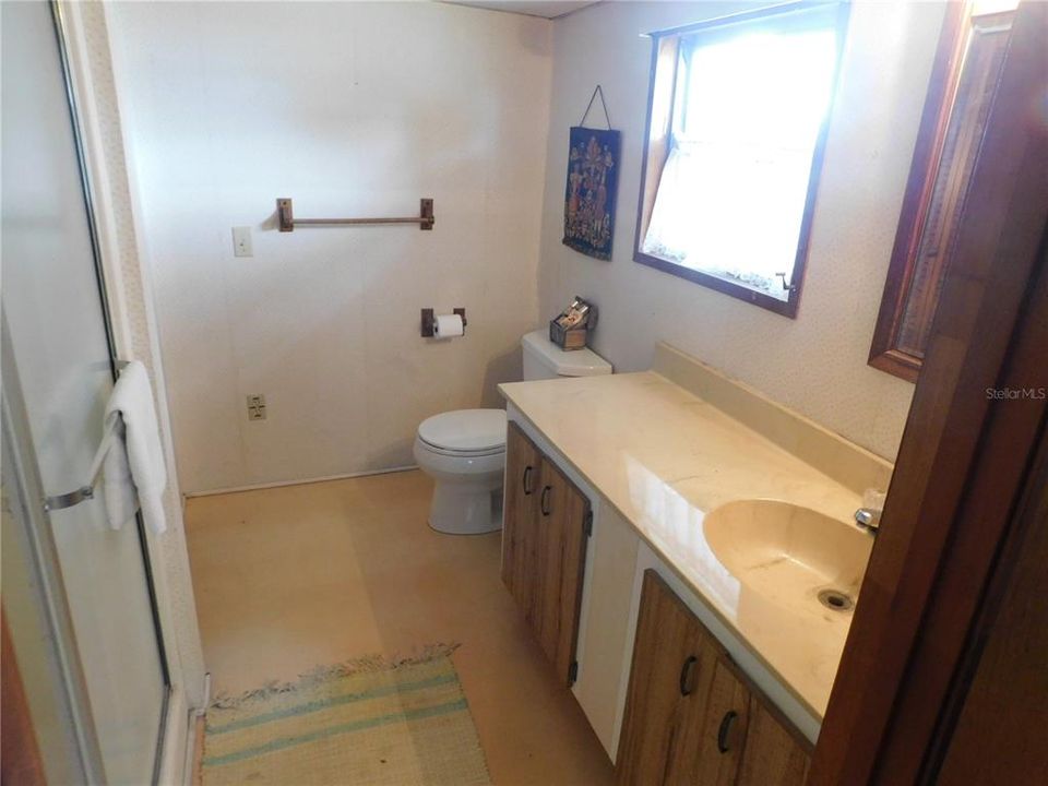 Master bathroom has updated toilet, step-in shower, and plenty of storage.