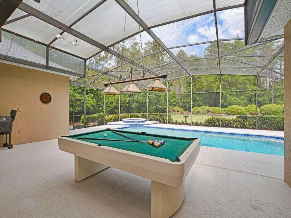 Screen enclosed pool area complete with heated pool, spa, and an entertainment area with TV and pool table.