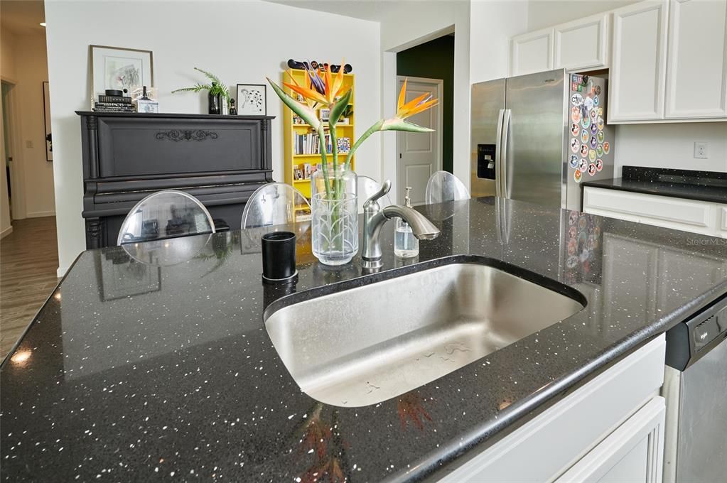 Solid surface counters also adorn the island which offers your dishwasher and large sink