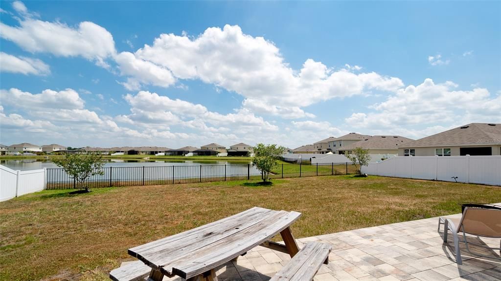 Big fenced in back yard with paver patio and view of lake